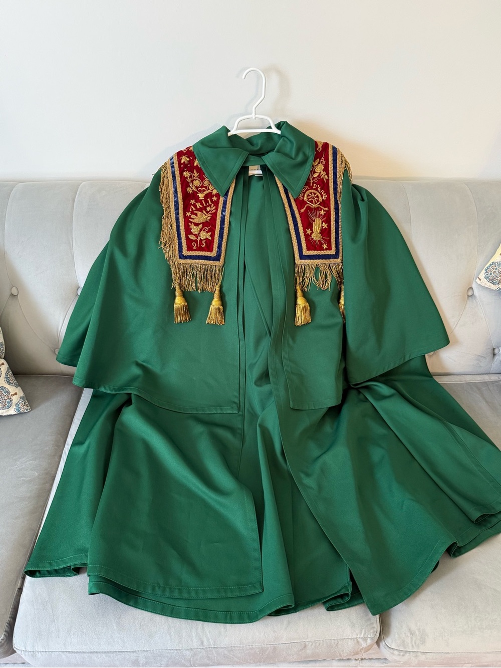 Gucci Green Embroidered Cape Coat with Tassel Trim